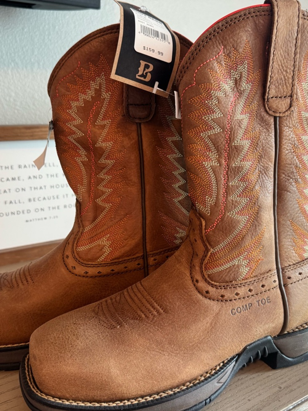 Shyanne Brown Leather Western Work Boots with Orange & Gold Stitching